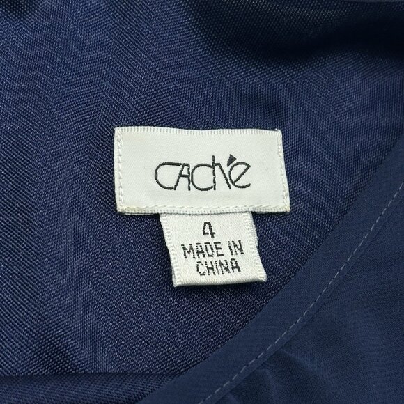 Cache Women's Size 4 Navy Blue Chiffon Formal Beaded Velvet Skirt Blouson Dress - Picture 6 of 9